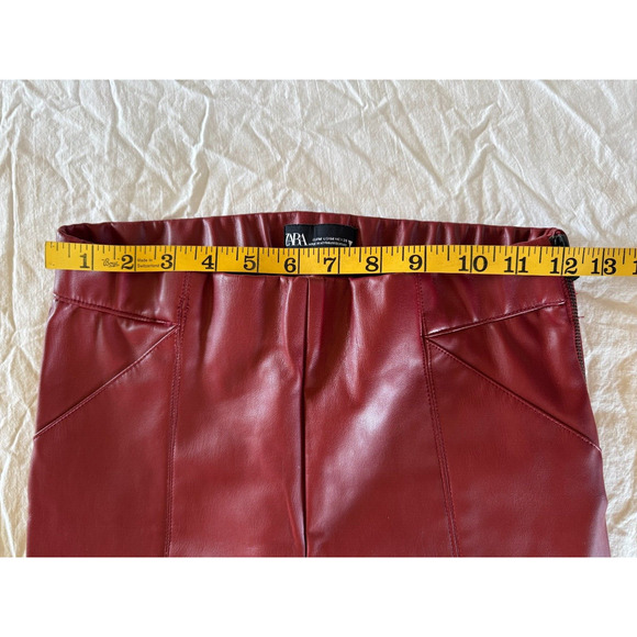 ZARA Faux Leather Skinny High Rise Pants Ankle Zip Size M Medium Red Burgundy - Picture 8 of 9